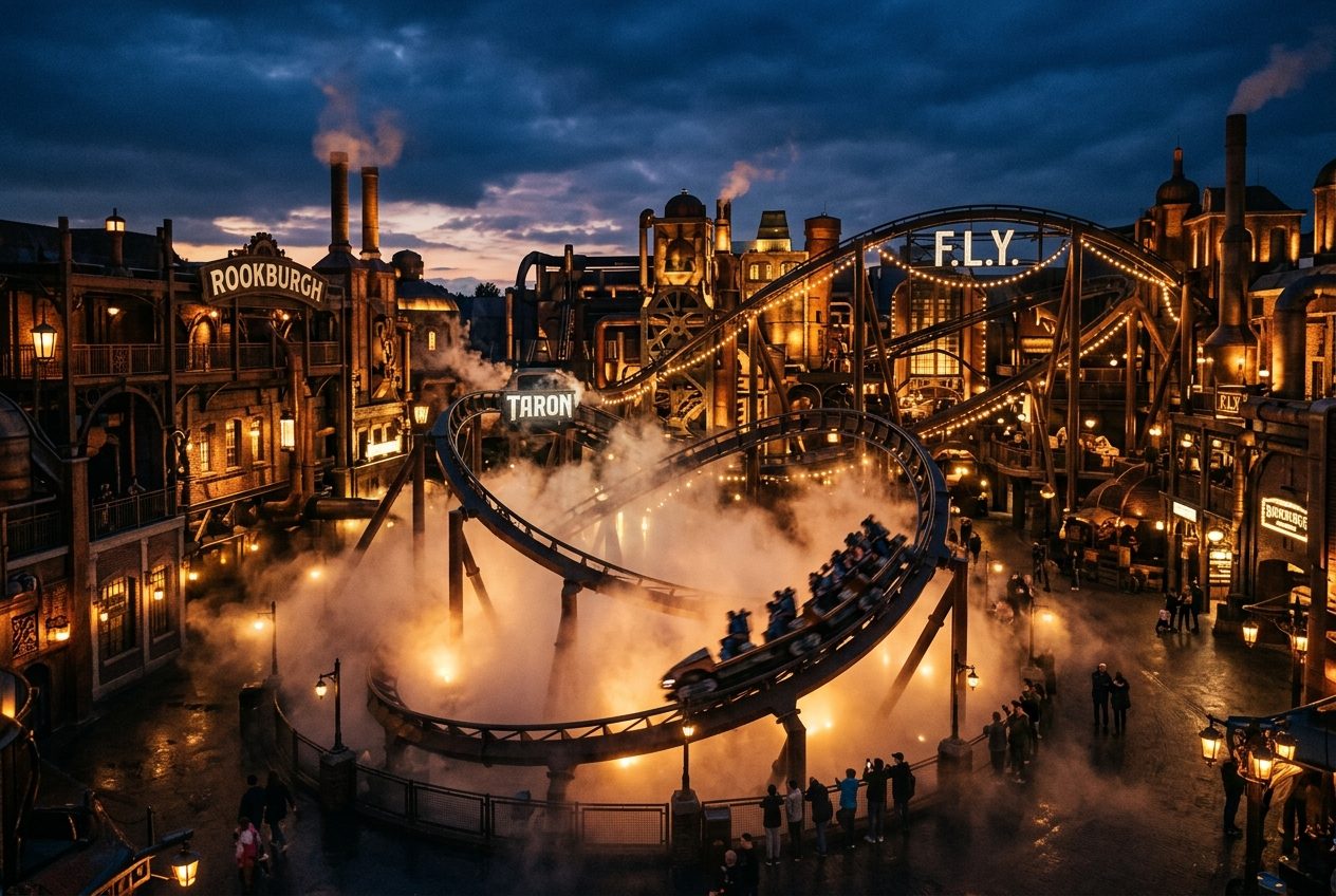 Phantasialand Rookburgh bei Nacht